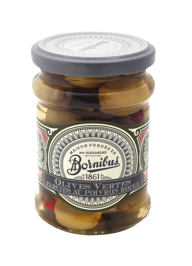bornibus-olives-vertes-farcies-au-poivron-rouge-bocal-ap-ritif image 1