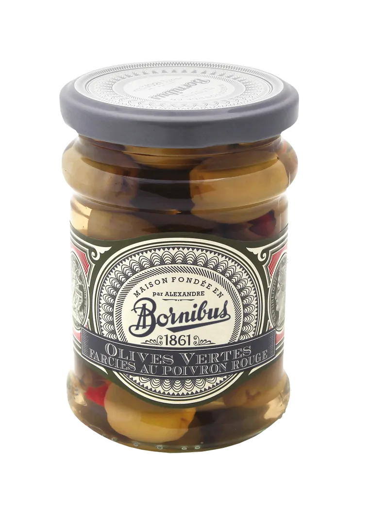 bornibus-olives-vertes-farcies-au-poivron-rouge-bocal-ap-ritif image 1