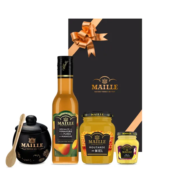 maille-coffret-saveurs-d-exception-vinaigre-mangue-2-moutardes-moutardier-noir image 1